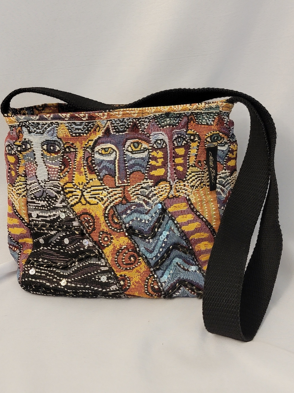 Laurel Burch Multicolor Tapestry Cat Crossbody with Black Strap